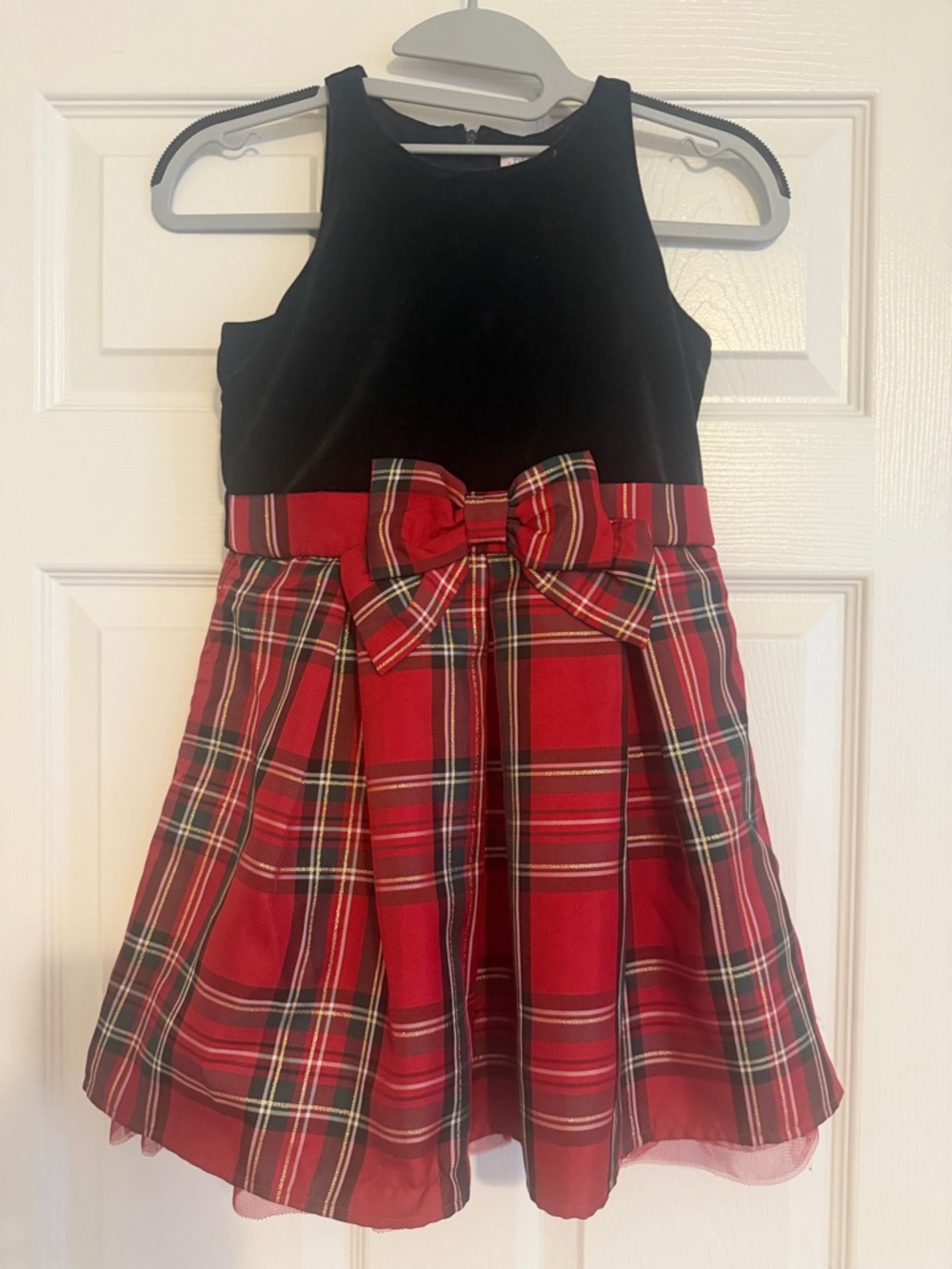 Black Velvet Top Red Plaid Bow Holiday Dress